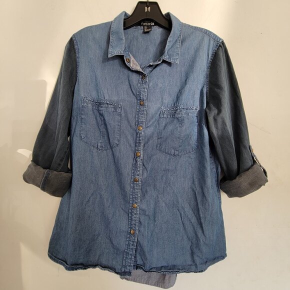 Forever 21 Blue Chambray Snap Button Front Roll Tab Long Sleeve Shirt Size Large - Picture 1 of 10